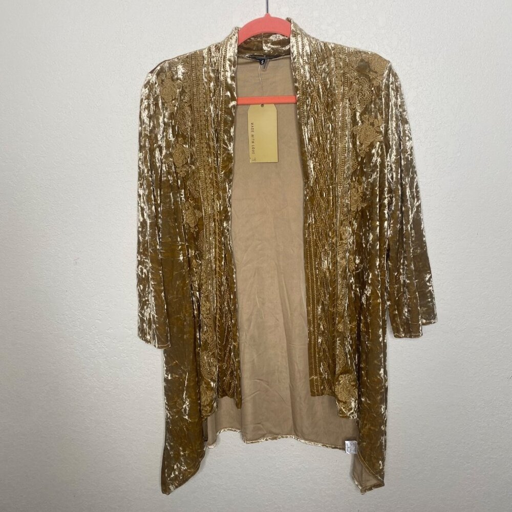 NEW Andrée By‎ Unit Gold Velvet Embroidered Open Cardigan Womens Size S Holiday